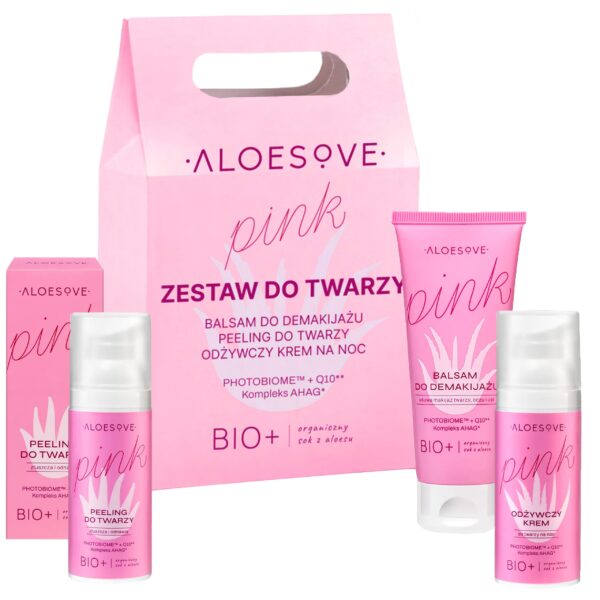Aloesove Pink zestaw do twarzy - balsam do demakijażu 75ml + peeling 50ml + krem na noc 50ml