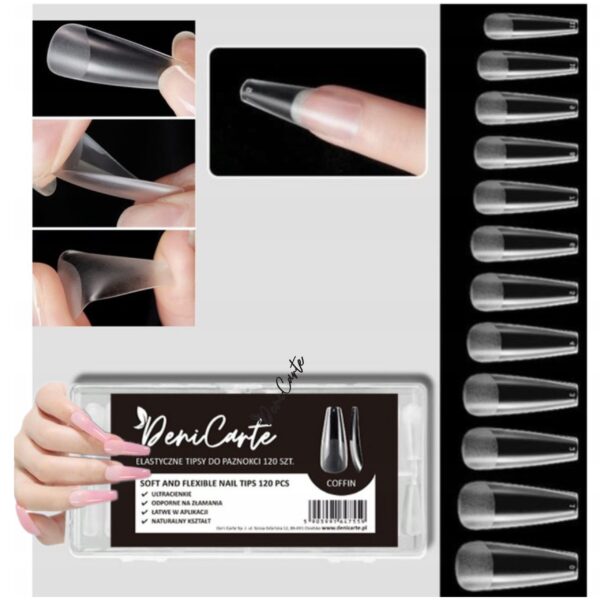 Deni Carte Tipsy Flexible Coffin - elastyczne tipsy, miekkie i przezroczyste, 120szt.