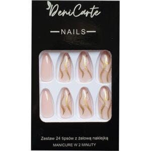 Deni Carte Tipsy - sztuczne paznokcie, zestaw 24 sztuk, różne wzory Beige Swirl Gold | Beżowo-Złote Wstążki