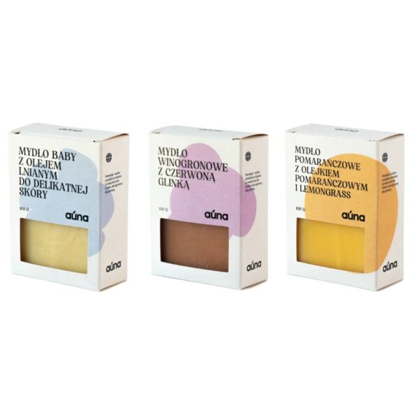 Zestaw naturalnych mydeł dla całej rodziny: mydło baby, mydło czerwone wino, mydło pomarańczowe