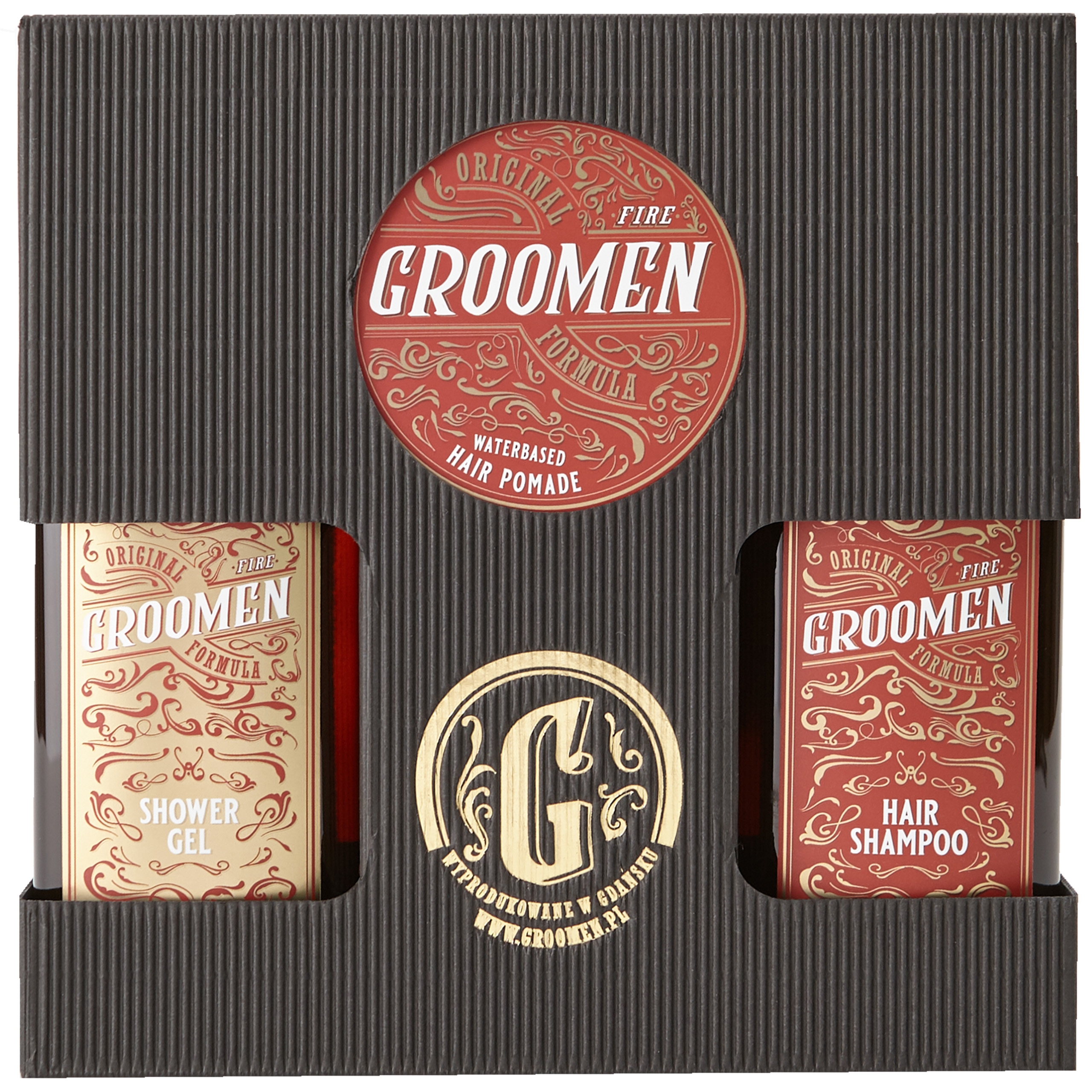 Groomen FIRE Zestaw do ciała i włosów – żel pod prysznic, szampon i pomada do włosów, 2x300ml+120g