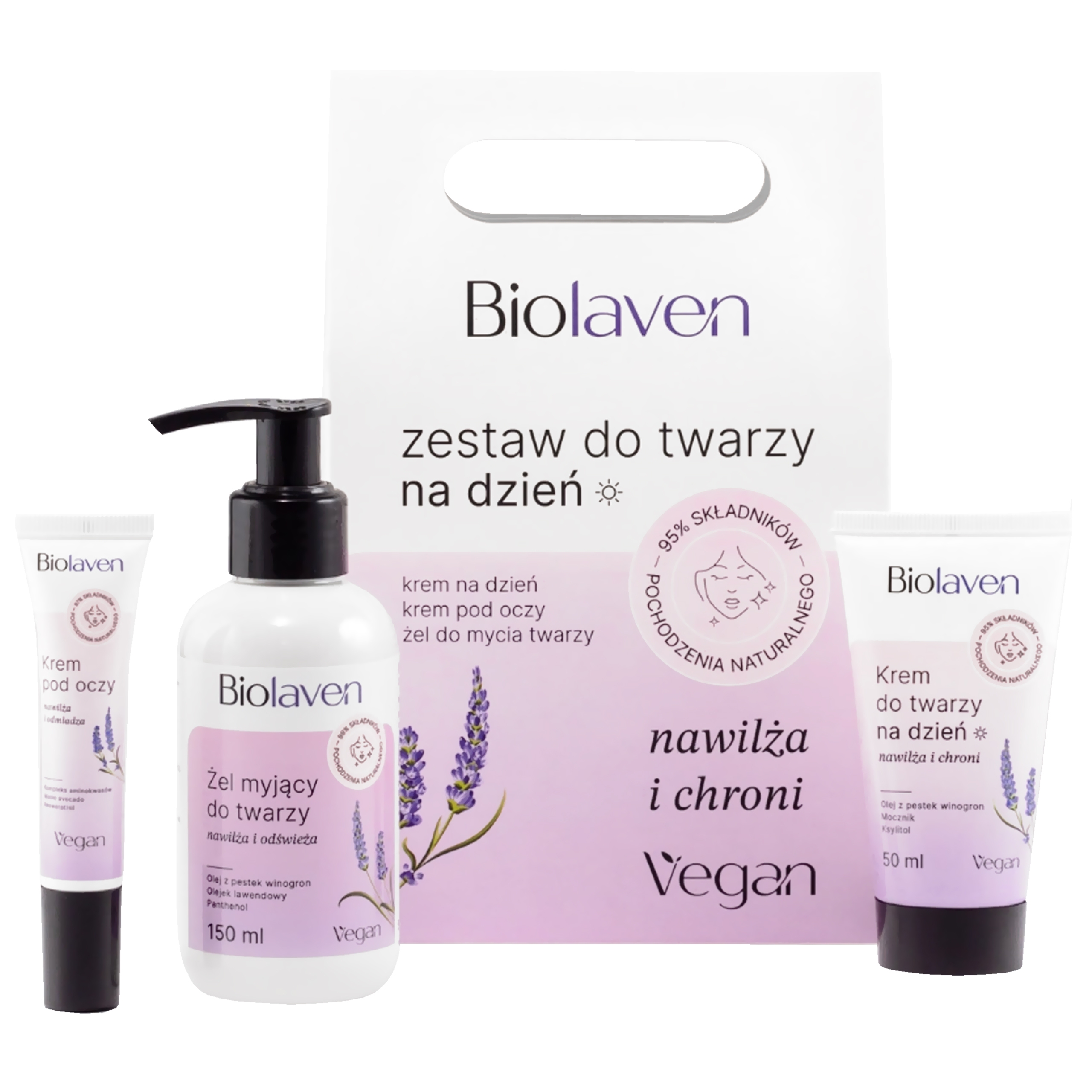 Biolaven Zestaw do twarzy na dzień (torebka) – kompleksowa pielęgnacja cery, 150ml+50ml+15ml
