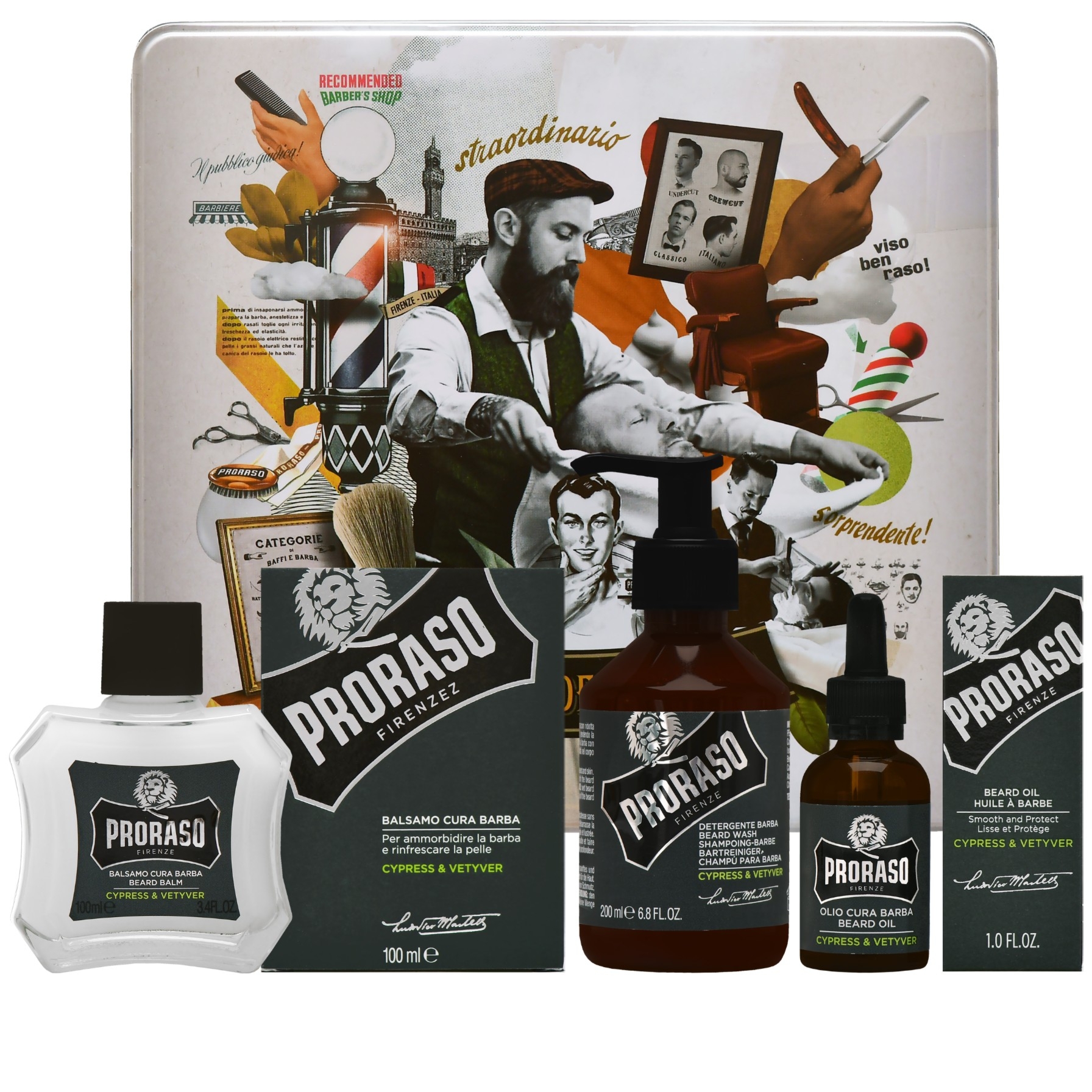 Proraso Cypress & Vetiver Beard Gift Set – zestaw do brody z szamponem, balsamem i olejkiem, 200ml+100ml+30ml