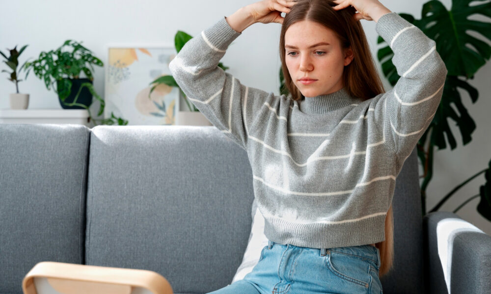 Kobieta masująca skórę włosów