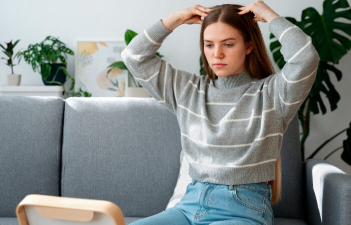 Kobieta masująca skórę włosów