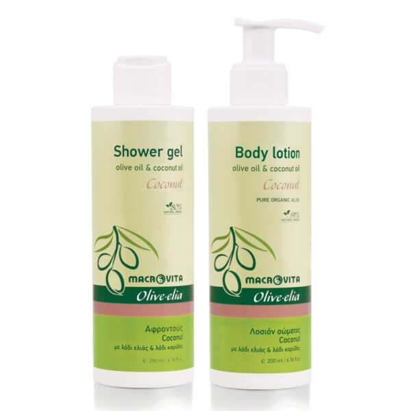 Zestaw Macrovita Olive.elia Coconut z bio-oliwą i olejkiem kokosowym: naturalne mleczko do ciała 200ml + żel pod prysznic 200ml