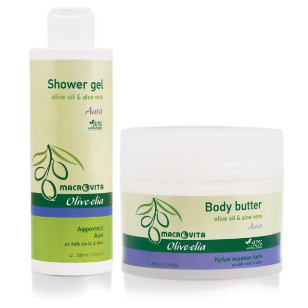 Zestaw Macrovita Olive.elia Aura z bio-oliwą i aloesem: naturalne masło do ciała 200ml + żel pod prysznic 200ml
