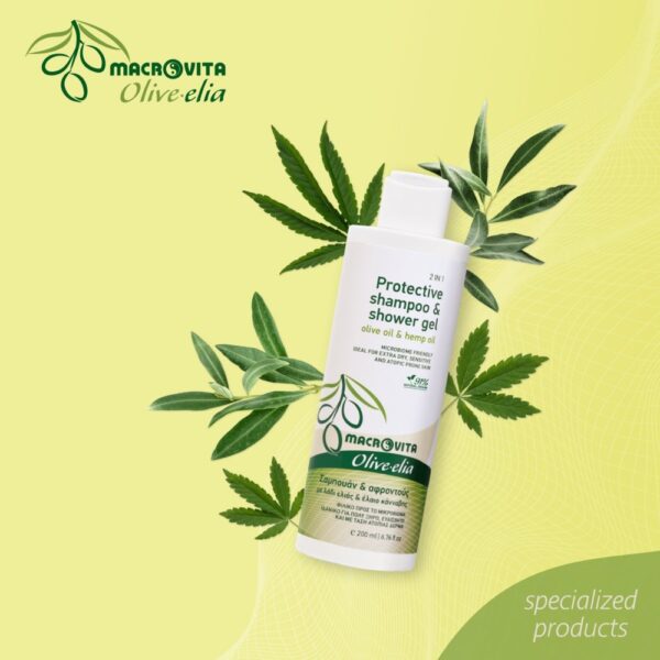 Macrovita Olive.elia przyjazny dla mikrobiomu ochronny szampon i żel pod prysznic z bio-oliwą i olejem konopnym 200ml