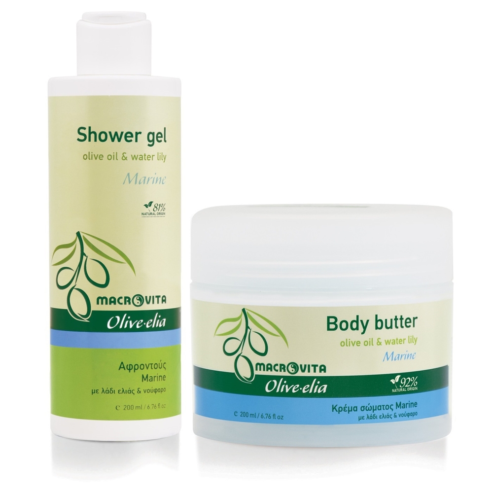 Zestaw Macrovita Olive.elia Marine z bio-oliwą i lilią wodną: naturalne masło do ciała 200ml + żel pod prysznic 200ml