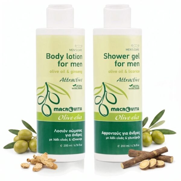 Zestaw Macrovita Olive.elia Attractive dla mężczyzn: naturalny balsam do ciała 200ml + żel pod prysznic 200ml