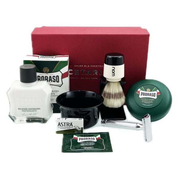 Zestaw prezentowy z Muhle R89, pędzel nom i Zielone Proraso z miseczką