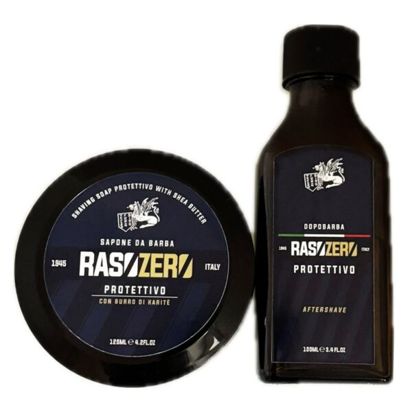 Zestaw DUO RasoZero Protettivo Shea (Karite) mydło w tyglu i aftershave (niebieski)