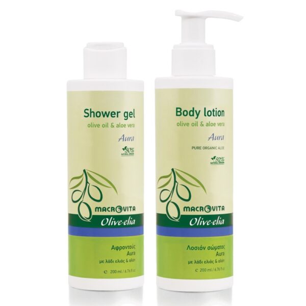 Zestaw Macrovita Olive.elia Aura z bio-oliwą i aloesem: naturalne mleczko do ciała 200ml + żel pod prysznic 200ml