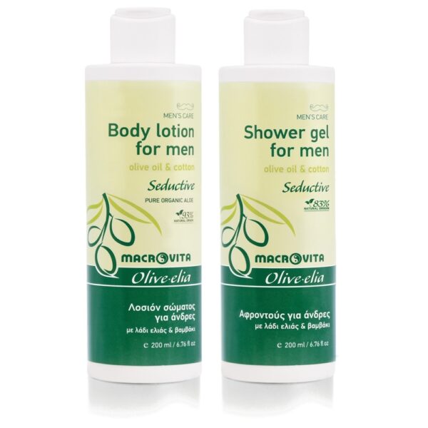 Zestaw Macrovita Olive.elia Seductive dla mężczyzn: naturalny balsam do ciała 200ml + żel pod prysznic 200ml