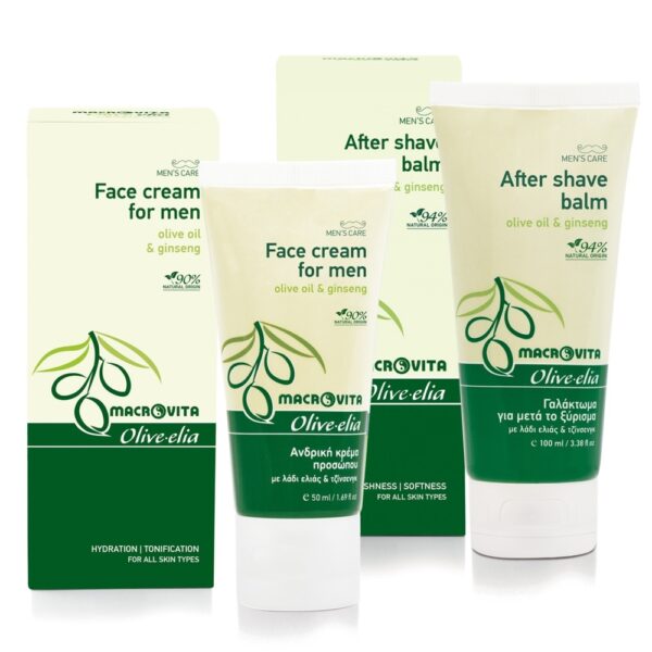 Zestaw Macrovita Olive.elia dla mężczyzn: naturalny balsam po goleniu 100ml + naturalny krem nawilżający 50ml
