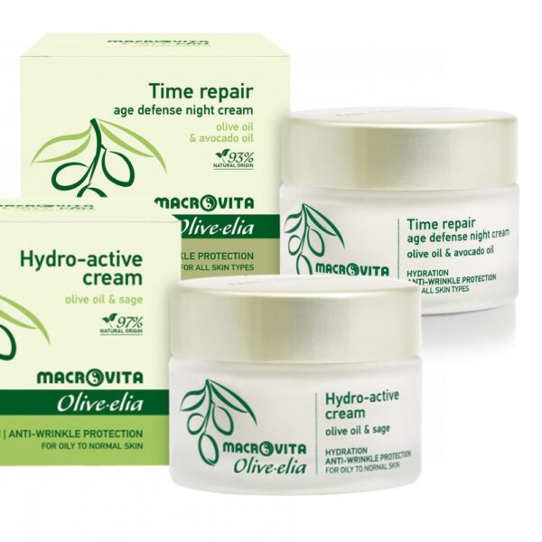 Zestaw Macrovita Olive.elia: krem aktywnie nawilżający do cery tłustej lub normalnej 50ml + krem przeciwzmarszczkowy na noc 50ml