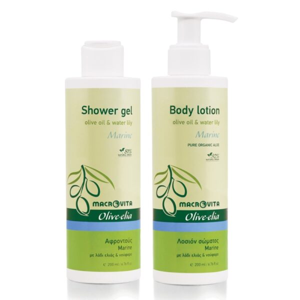 Zestaw Macrovita Olive.elia Marine z bio-oliwą i lilią wodną: naturalne mleczko do ciała 200ml + żel pod prysznic 200ml