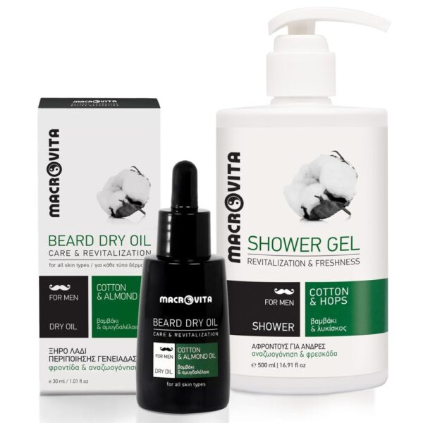 Zestaw Macrovita Men: suchy olejek do pielęgnacji brody 30ml + naturalny żel pod prysznic 500ml