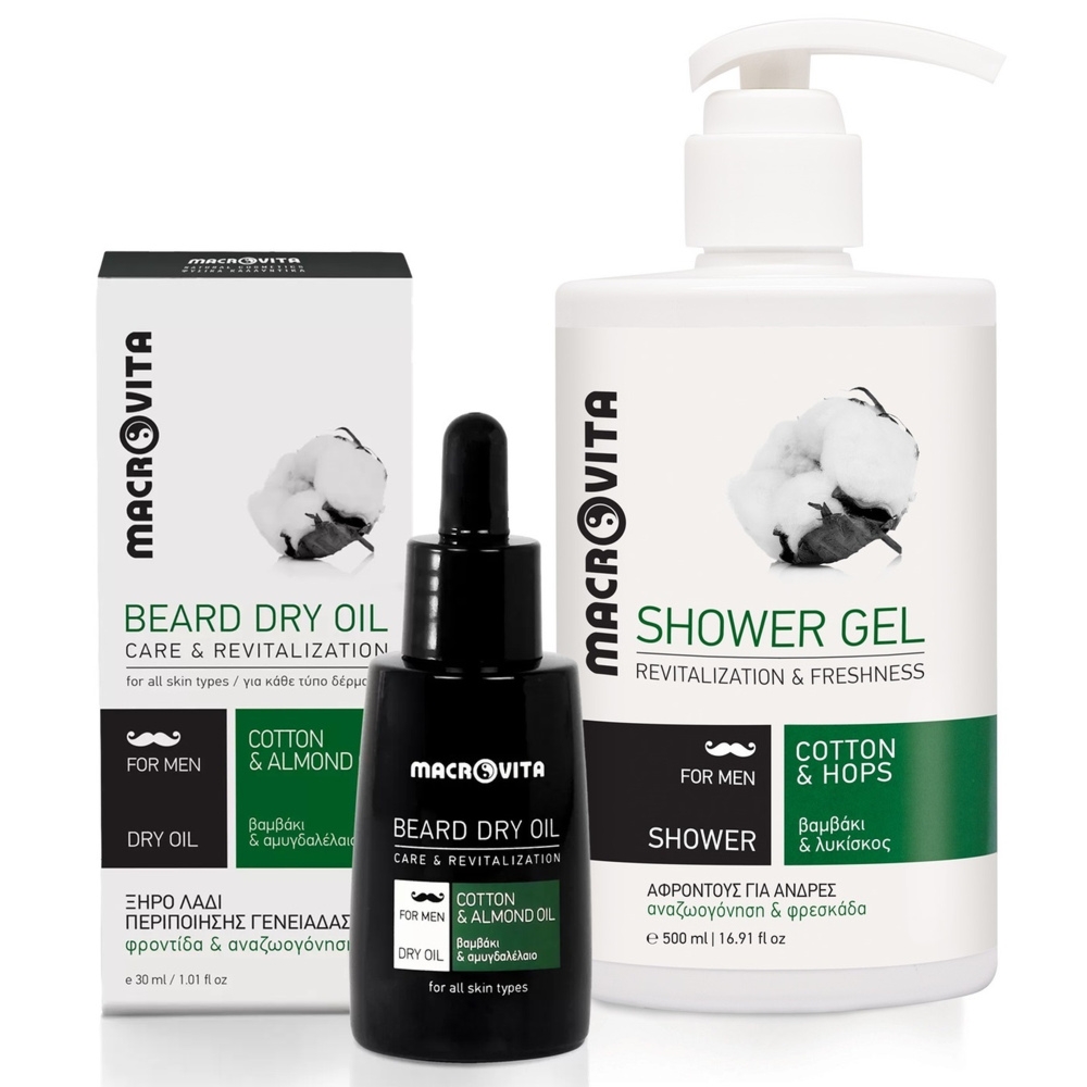 Zestaw Macrovita Men: suchy olejek do pielęgnacji brody 30ml + naturalny żel pod prysznic 500ml