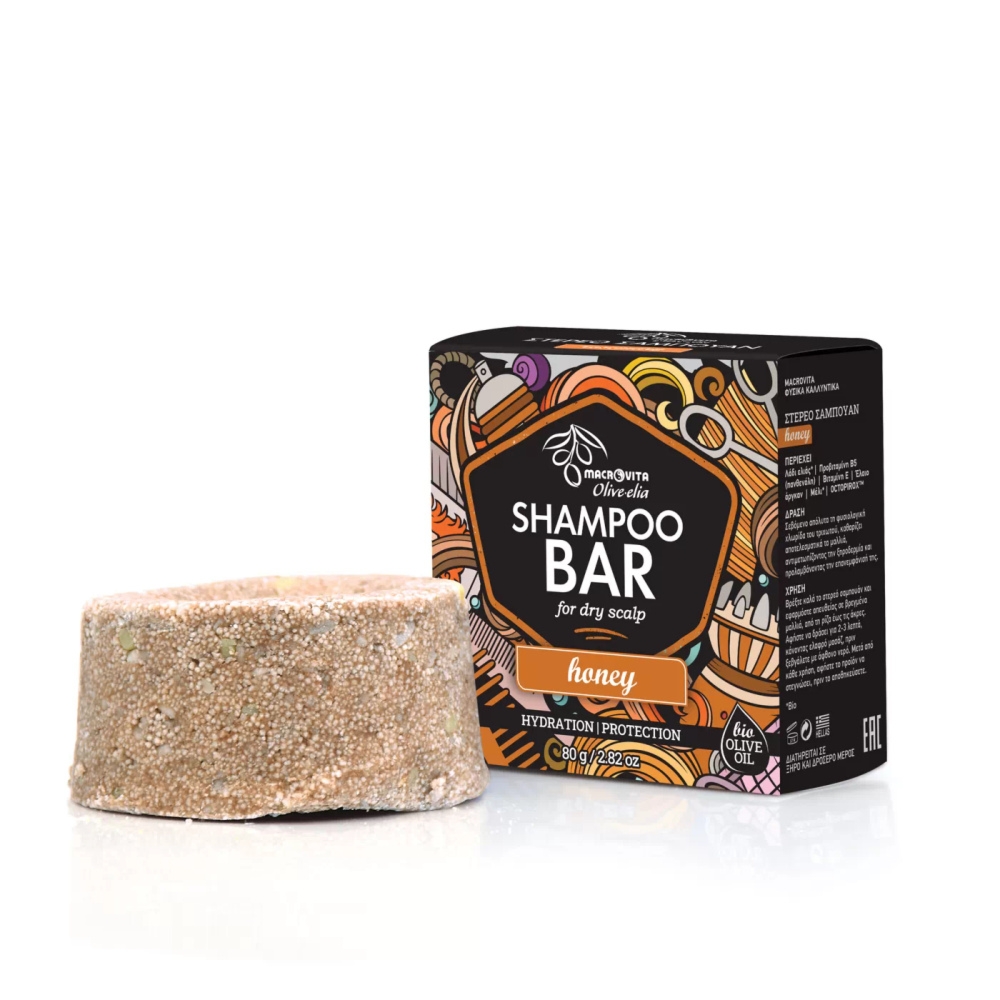 Macrovita Olive.elia Honey naturalny szampon w kostce do suchej skóry głowy z bio-oliwą, pantenolem i witaminą E 80g