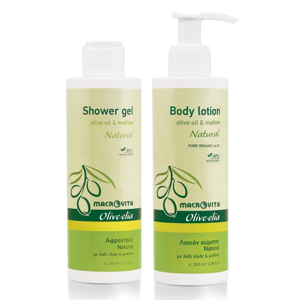 Zestaw Macrovita Olive.elia Natural z bio-oliwą i malwą: naturalne mleczko do ciała 200ml + żel pod prysznic 200ml