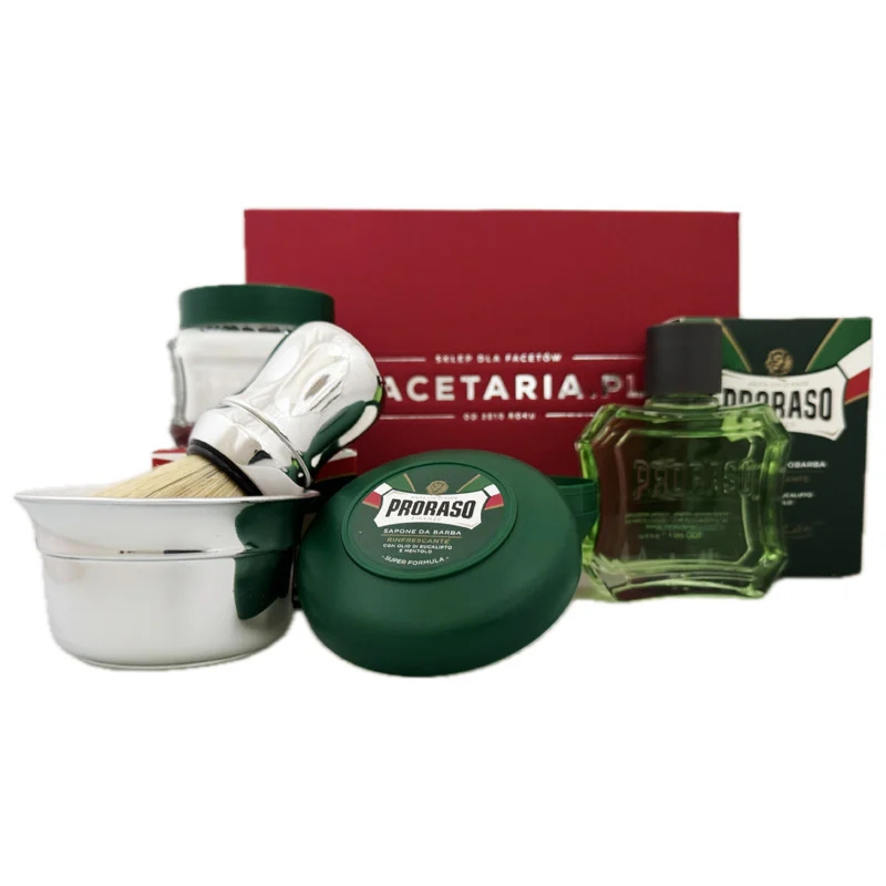 Zielone Proraso i srebrna Omega zestaw do golenia z miseczką