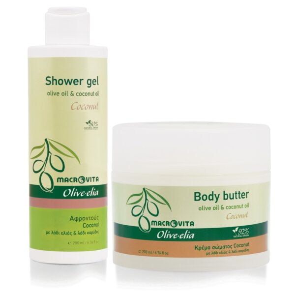 Zestaw Macrovita Olive.elia Coconut z bio-oliwą i olejkiem kokosowym: naturalne masło do ciała 200ml + żel pod prysznic 200ml