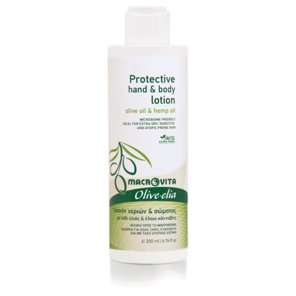 Macrovita Olive.elia przyjazne dla mikrobiomu ochronne mleczko do dłoni i ciała z bio-oliwą i olejem konopnym 200ml