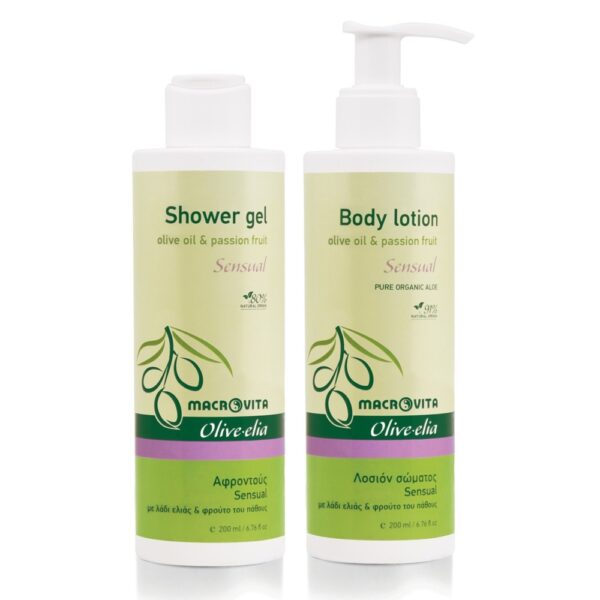 Zestaw Macrovita Olive.elia Sensual z bio-oliwą i passiflorą: naturalne mleczko do ciała 200ml + żel pod prysznic 200ml