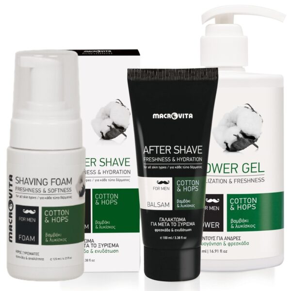 Zestaw Macrovita Men: pianka do golenia 125ml + balsam po goleniu 100ml + naturalny żel pod prysznic 500ml
