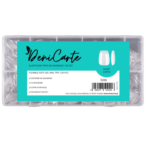 DeniCarte Tipsy Flexible Short Coffin – elastyczne tipsy do paznokci, 120 szt.