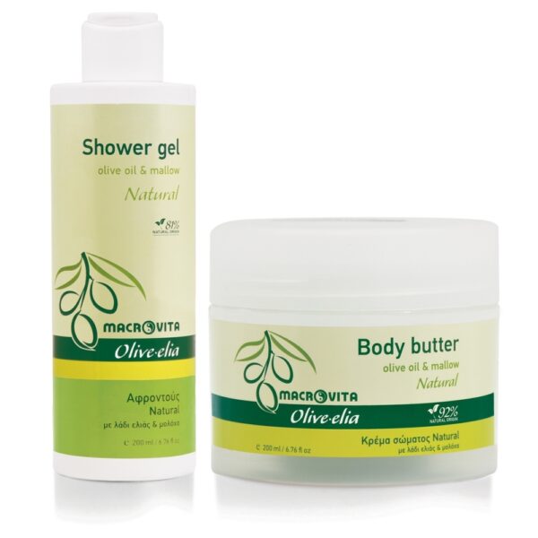Zestaw Macrovita Olive.elia Natural z bio-oliwą i malwą: naturalne masło do ciała 200ml + żel pod prysznic 200ml