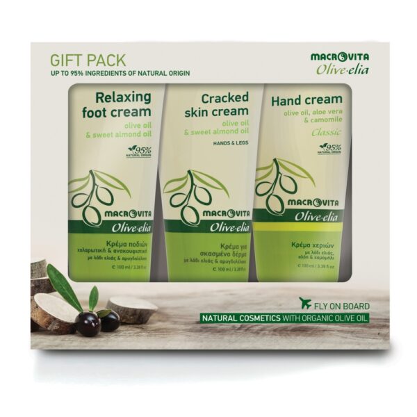 Zestaw Macrovita Olive.elia: zmiękczający krem do dłoni i stóp 100ml + relaksujący krem do stóp 100ml + krem do dłoni 100ml