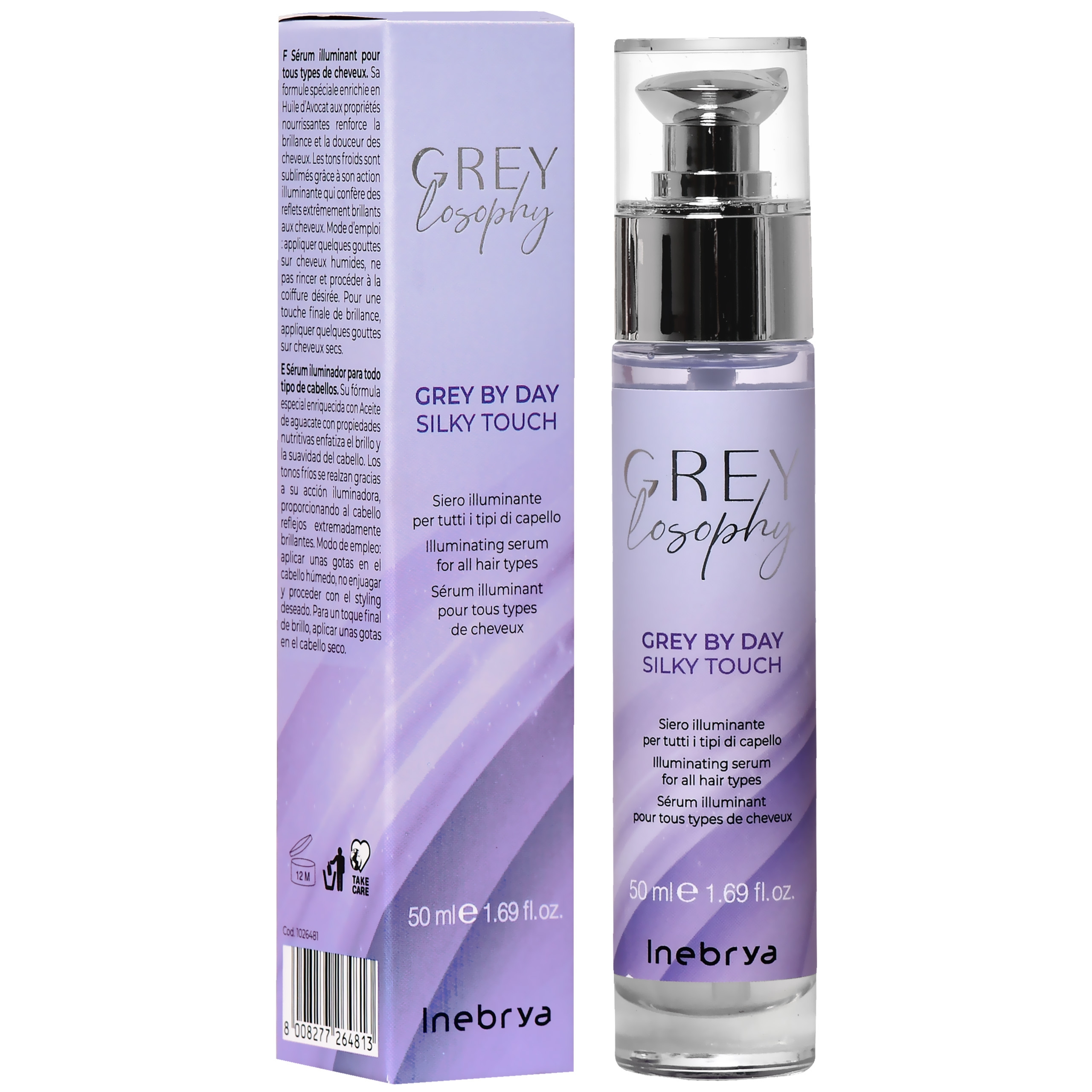 Inebrya Greylosophy Grey By Day Silky Touch – rozświetlające serum do włosów siwych, 50ml