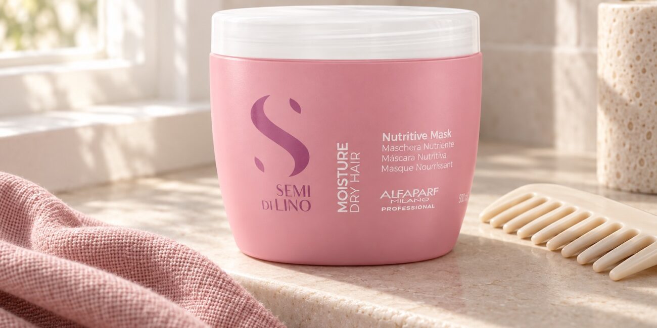 Różowy słoik Alfaparf Semi di Lino Nutritive Mask 500 ml obok jasnego grzebienia.