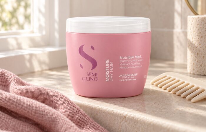 Różowy słoik Alfaparf Semi di Lino Nutritive Mask 500 ml obok jasnego grzebienia.