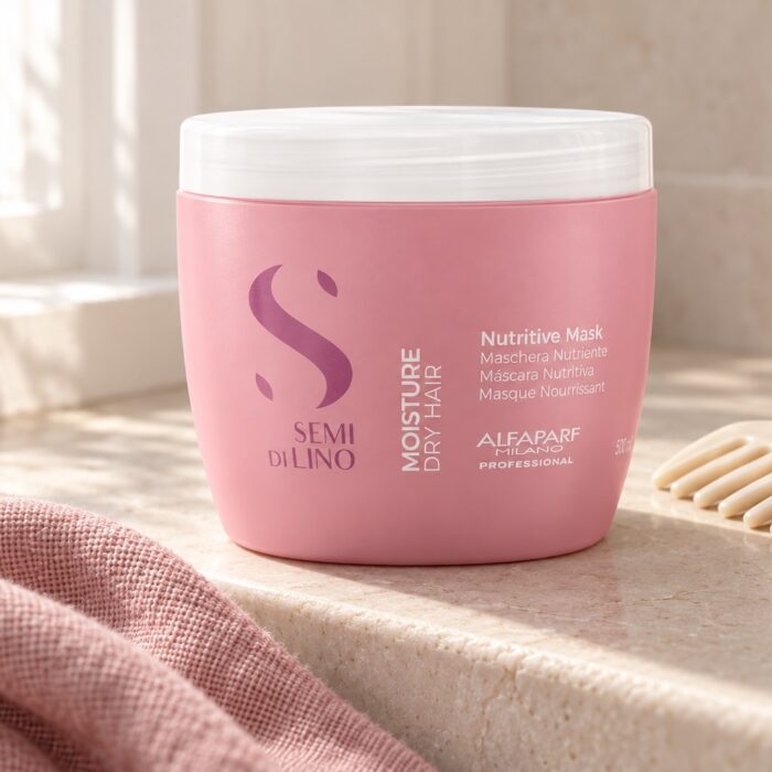 Różowy słoik Alfaparf Semi di Lino Nutritive Mask 500 ml obok jasnego grzebienia.