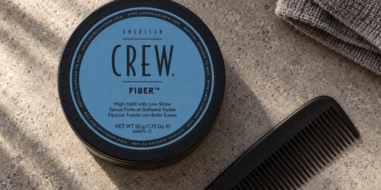 American Crew Fiber 50 g z niebieską etykietą na kamiennym blacie obok czarnego grzebienia.