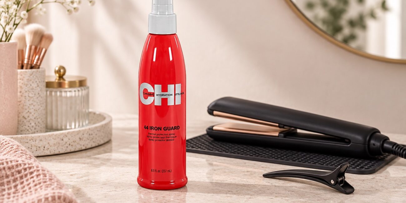 Czerwony spray CHI 44 Iron Guard 237 ml obok prostownicy i klipsa do włosów