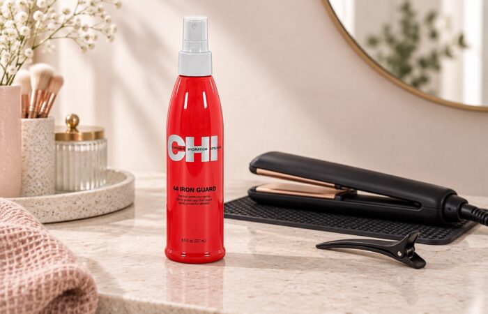 Czerwony spray CHI 44 Iron Guard 237 ml obok prostownicy i klipsa do włosów