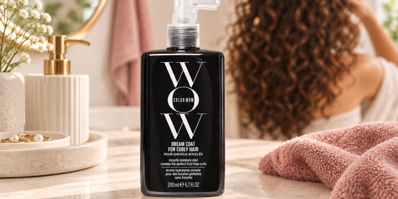 Czarna butelka Color Wow Dream Coat for Curly Hair 200 ml na jasnej toaletce, z lokami w tle