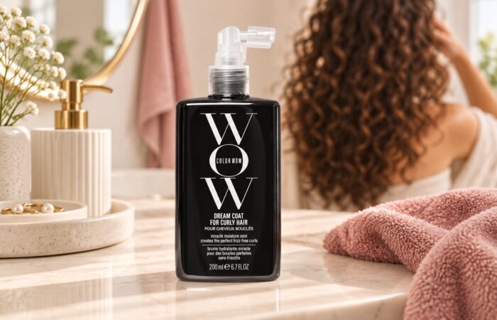 Czarna butelka Color Wow Dream Coat for Curly Hair 200 ml na jasnej toaletce, z lokami w tle