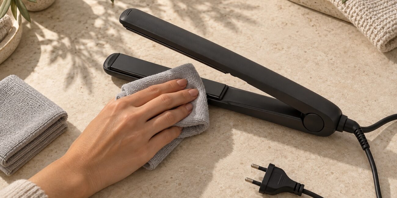 Przecieranie zimnej prostownicy miękką ściereczką, z odłączoną wtyczką widoczną na blacie