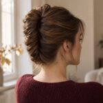 Luźne upięcie French twist z kasztanowych włosów, widziane z tyłu i z boku
