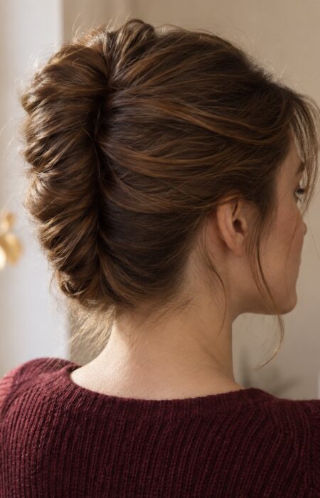 Luźne upięcie French twist z kasztanowych włosów, widziane z tyłu i z boku
