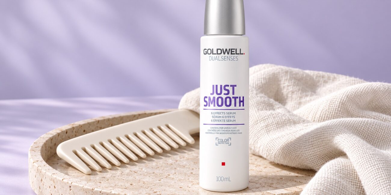 Serum Goldwell Just Smooth 6 Effects 100 ml na kamiennej tacy obok grzebienia