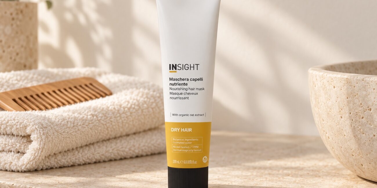 Maska Insight Dry Hair 200 ml na jasnym kamiennym blacie, obok ręcznika i drewnianego grzebienia