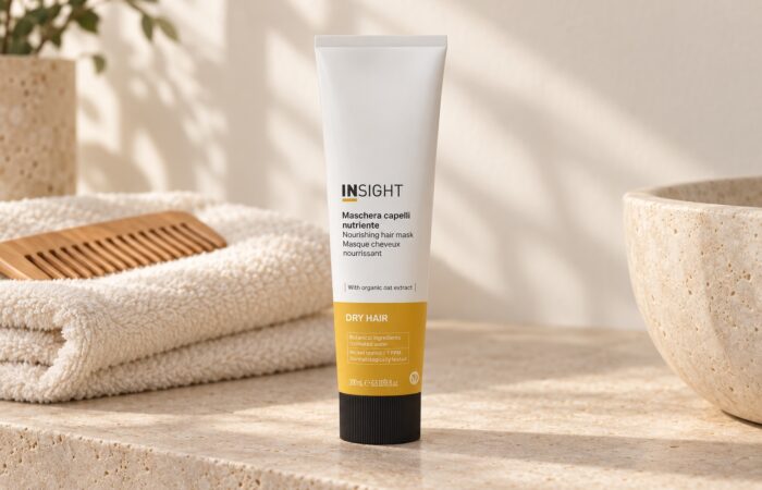 Maska Insight Dry Hair 200 ml na jasnym kamiennym blacie, obok ręcznika i drewnianego grzebienia