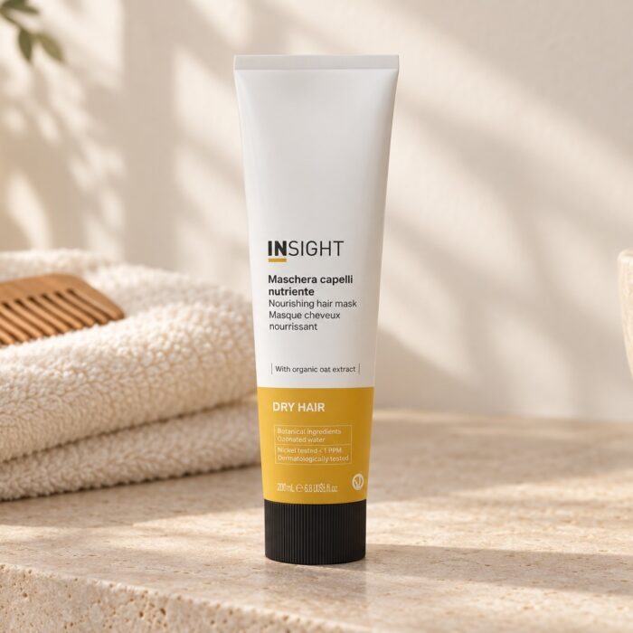 Maska Insight Dry Hair 200 ml na jasnym kamiennym blacie, obok ręcznika i drewnianego grzebienia