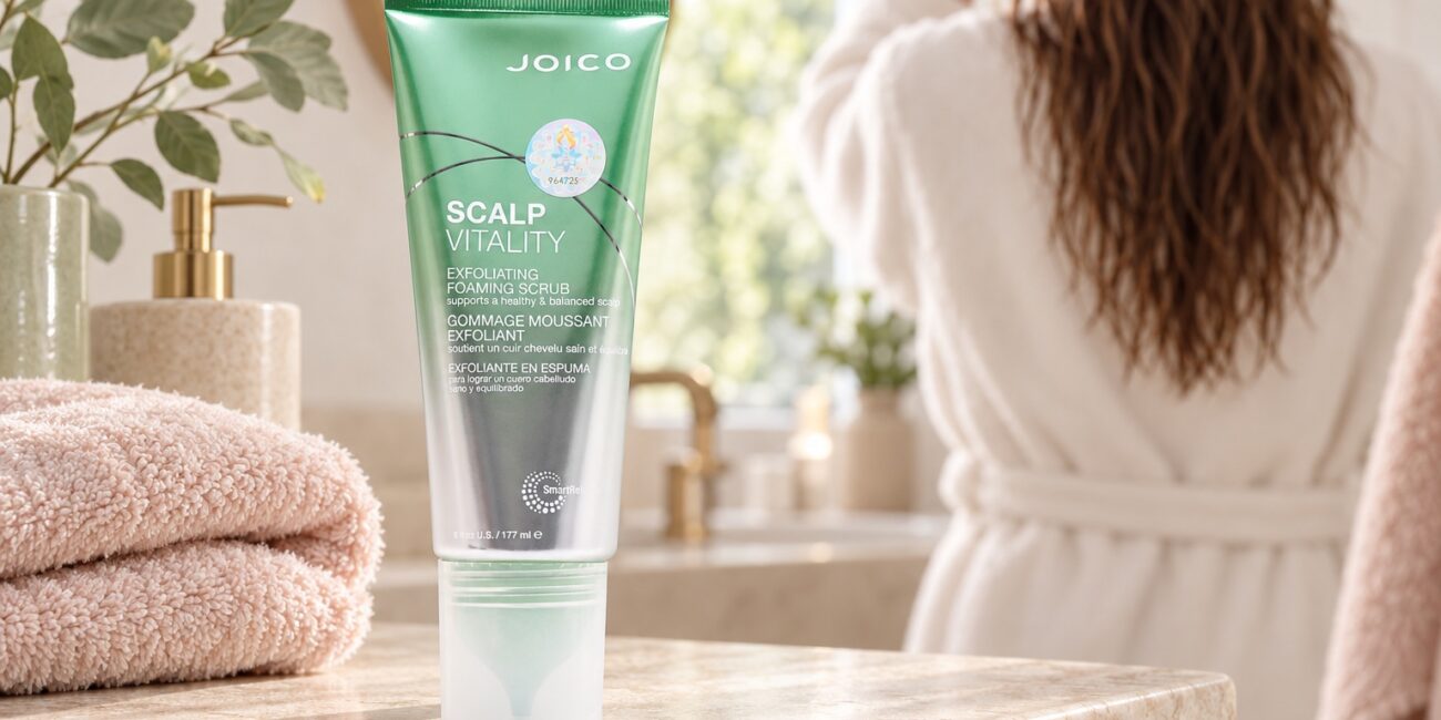 Zielono-srebrna tuba Joico Scalp Vitality Scrub 177 ml obok ręcznika, z wilgotnymi włosami w tle